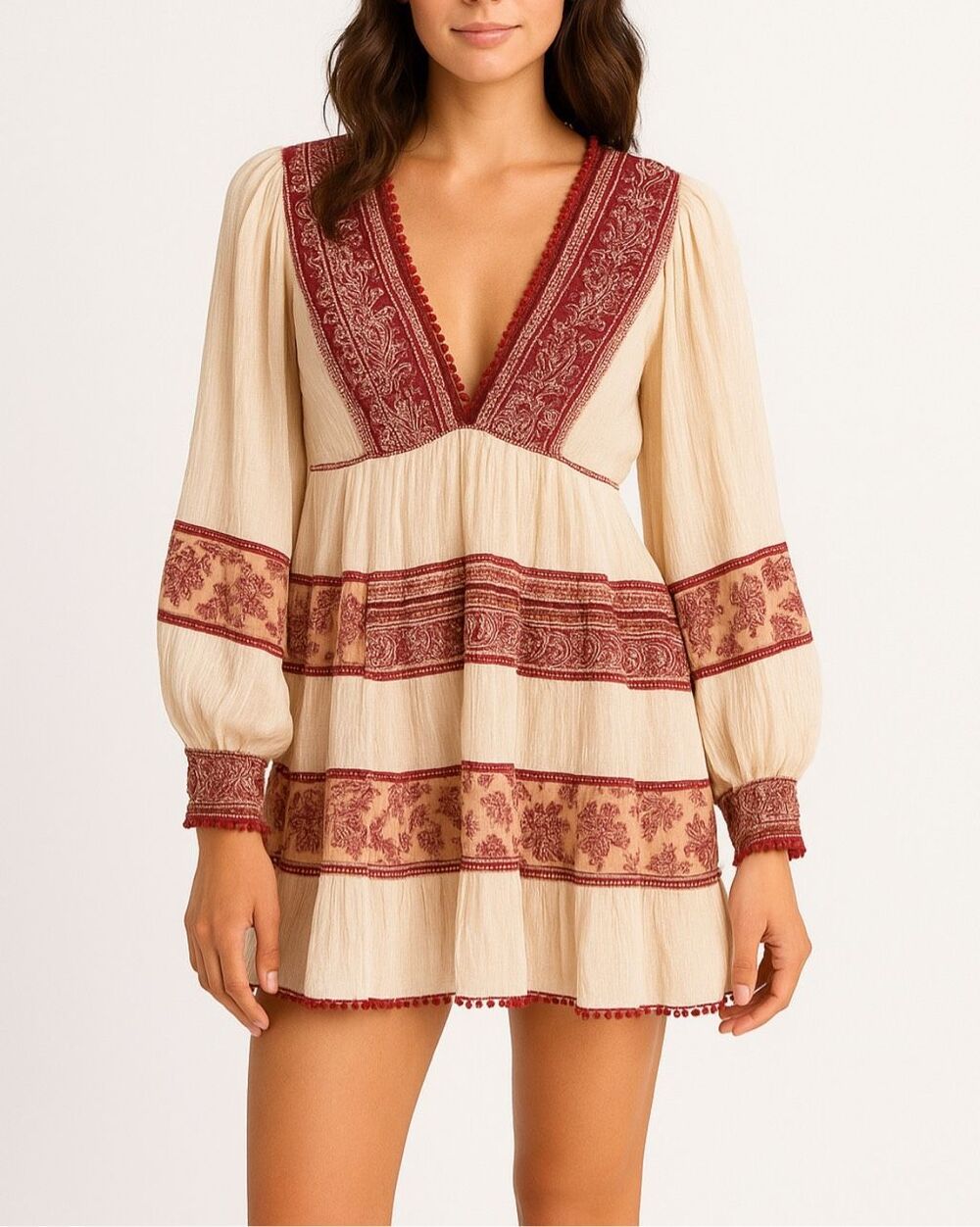 Free People My Love Boho Embroidered Balloon Sleeve Mini Dress Cream S